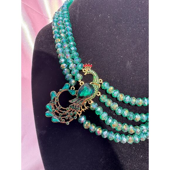 Peacock Statement Necklace | Vintage | Multi-Strand Glass Beaded Necklace - Picture 2 of 2